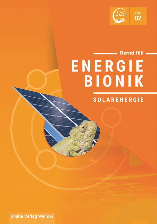Buchcover Energiebionik – Solarenergie von Bernd Hill: orangefarbener Hintergrund mit Solarzellen und einem grünen Chamäleon als Symbol für Natur und nachhaltige Energie. Kinder- und Jugendsachbuch über Solarenergie, Bionik und erneuerbare Energien.
