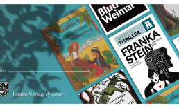 Mehrere schräg angeordnete Buchcover liegen auf einem türkisfarbenen Hintergrund mit weichen Schatten von Pflanzenblättern. Im Zentrum links ist ein illustriertes Kinderbuch mit dem Titel „Drachen, Piraten und ein Feuerberg“ von Astrid Miglar zu sehen: Zwei Kinder sitzen an einem Strand unter Palmen, im Hintergrund Meer und Inseln. Rechts daneben liegt ein Thriller mit dem Titel „FRANKA STEIN – Gefährliche Fälle“, gestaltet in Schwarz-Weiß mit einer stilisierten Frauenfigur und roten Akzenten.