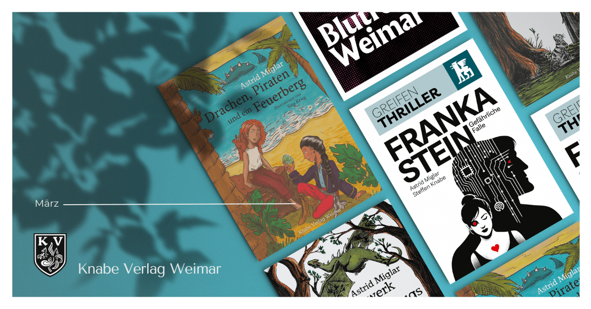 Mehrere schräg angeordnete Buchcover liegen auf einem türkisfarbenen Hintergrund mit weichen Schatten von Pflanzenblättern. Im Zentrum links ist ein illustriertes Kinderbuch mit dem Titel „Drachen, Piraten und ein Feuerberg“ von Astrid Miglar zu sehen: Zwei Kinder sitzen an einem Strand unter Palmen, im Hintergrund Meer und Inseln. Rechts daneben liegt ein Thriller mit dem Titel „FRANKA STEIN – Gefährliche Fälle“, gestaltet in Schwarz-Weiß mit einer stilisierten Frauenfigur und roten Akzenten.
